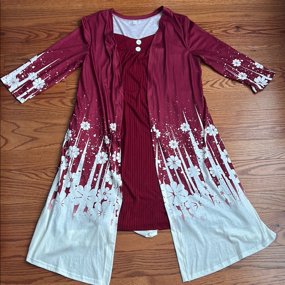 Ribbed Red Dress With Attached Red and White Floral Cardigan!